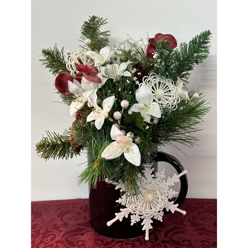 Christmas Floral Arrangement in Oversized Black Ceramic Mug Snowflake Pine 14.5"